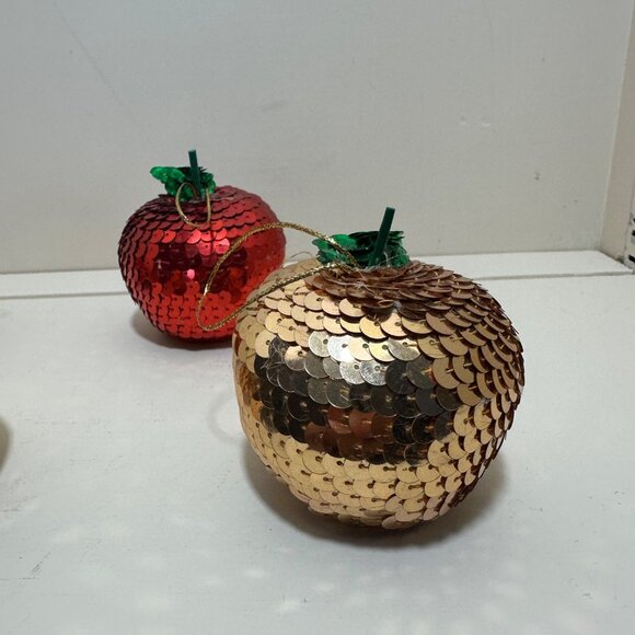 Handmade Vintage Sequin Apple Christmas Ornaments Set Of 5 Gold & Red - Picture 3 of 16